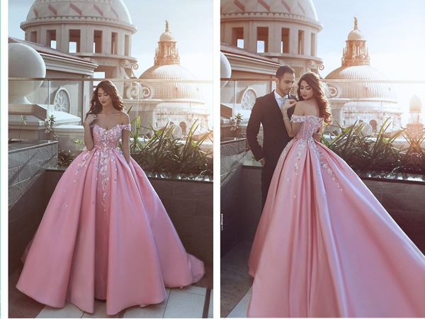 

pink satin off shoulder muslim princess ball gown lace applique wedding dresses bridal gowns abito da sposa country wedding gowns, White