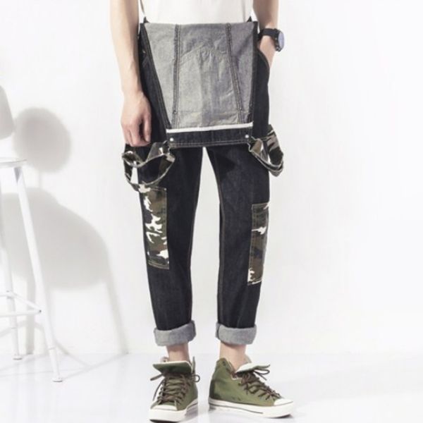 

fashion slim fit pencil pants camo patchwork mens jumpsuits suspender denim hombre trousers casual washed full length jeans, Blue