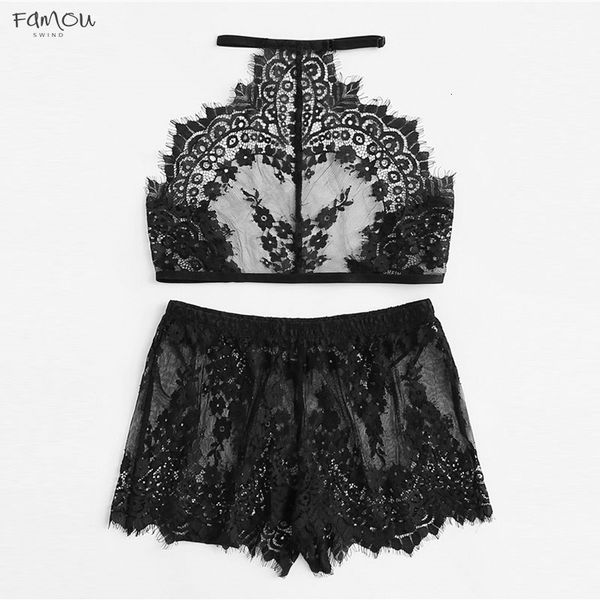 

Black Eyelash Lace Halter And Shorts Pajama Set Spring Sleepwear New Floral Ladies Sheer Sexy Sleeveless Nightwear