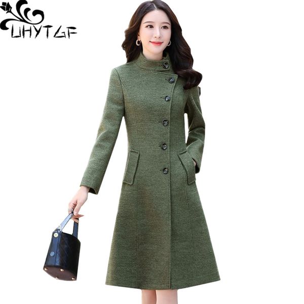 

uhytgf womens winter jacket single-breasted winter wool coat crew neck slim plus size jacket quality casual warm woolen coat 612, Black