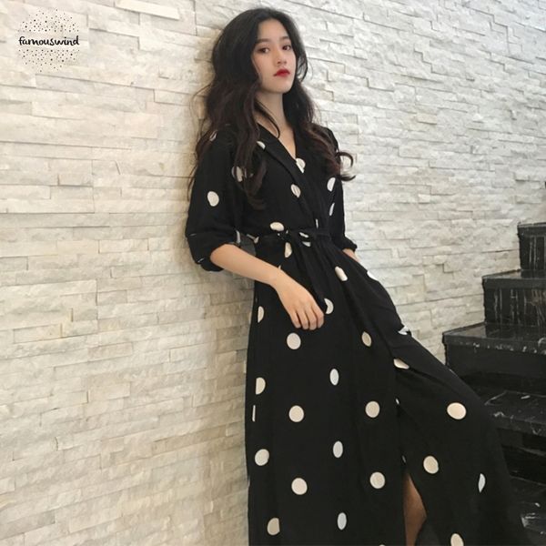 

womens dress korean style fashion v neck ladies long dress casual half summer sleeve dot dress female new designer clothes, Black;gray