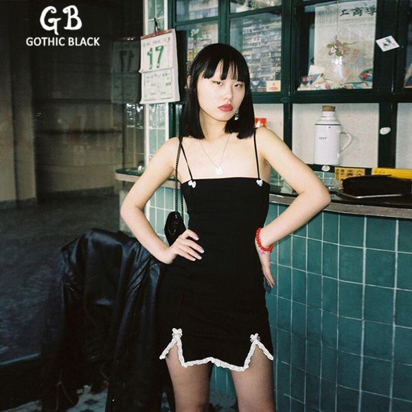 

casual dresses gothblack spaghetti straps split splice lace bow dress gothic women slash neck bodycon mini female slim summer, Black;gray