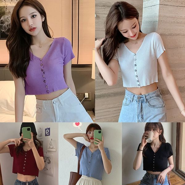 

summer women v-neck button short section exposed navel knitted short-sleeved t-shirt cardigan sweet t shirt, White