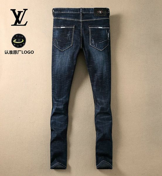 

vl mens designer jeans classic luxury jeans fashion planet patch holes scratches micro elastic wild cowbboy pants selling, Blue