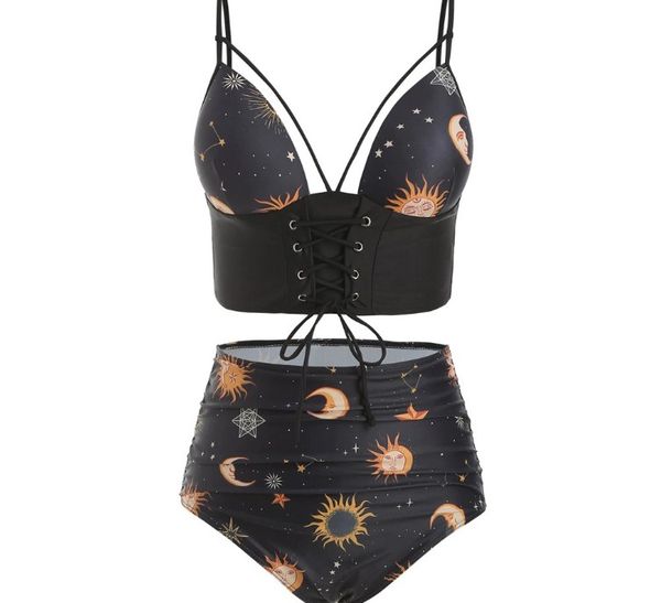 

women's swimwear multi-rope straps swimsuit women two piece push up tankini sets plus size stars sun split beachwear bikini bathing sui, White;black