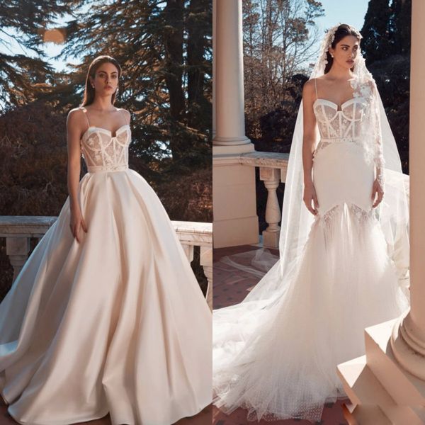 

2020 overskirt mermaid wedding dresses appliqued spaghetti satin country wedding dress sweep train custom made beach abiti da sposa, White