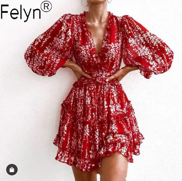 

felyn 2020 new arrival fashion design a-line dress print v-neck long sleeve cascading summer bohemian mini dress vestidos, Black;gray