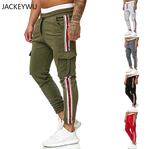 

men's pants brand sweatpants men 2021 autumn fashion side track slim pant multi-pocket sportswear hip hop drawstring solid long trouser, Black