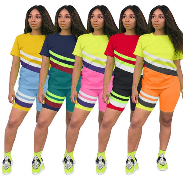 

women panelled tracksuit sports two piece set contast color t shirt+skinny shorts casual outfits summer clothing striped jogger suit 3237, White