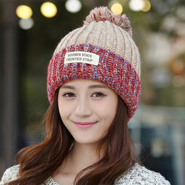 

women knitted hat female winter wool beanies thickened keep warm hats casual cap ladies spell color hat chapeau, Blue;gray