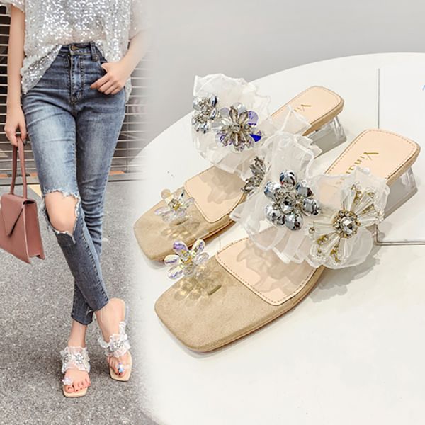 

2020 summer new sandals slippers rhinestone fashion lace design clip toe flower crystal transparent slippers pink/beige, Black