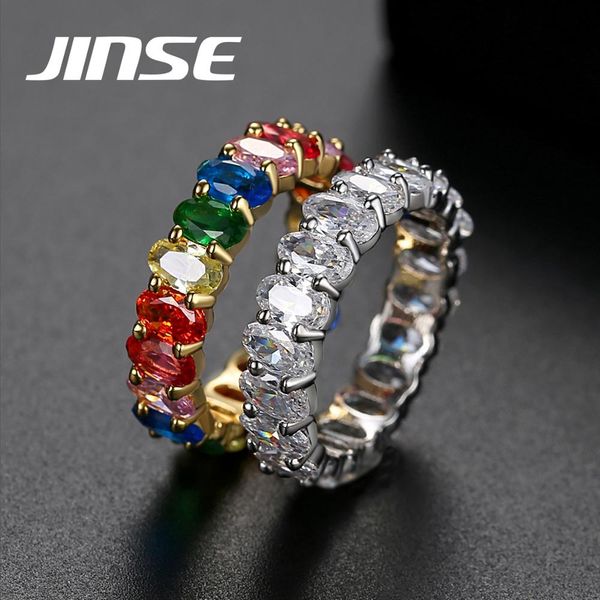

jinse baguette brainbow cz ring for women men fashion charm zircon wedding band iced ring gold silver color jewelry, Golden;silver