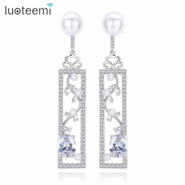 

luoteemi brand elegant delicate geometic flower shape clear imitation pearl cz drop earrings gift for girl friend wife mom, Silver