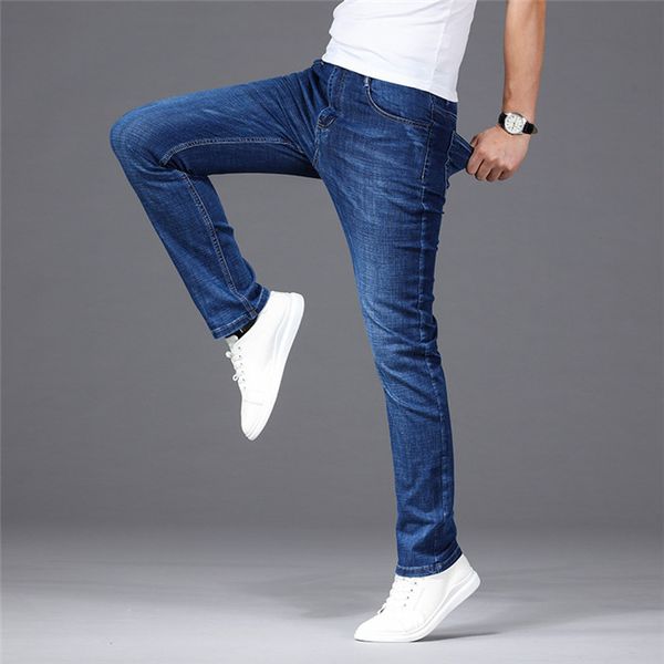 

four seasons men jeans men's elastic leisure business jeans regular fit denim causal pants washed blue for men,g1958