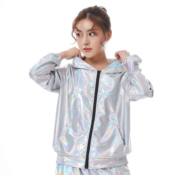 

new fashion spring autumn jacket bomber coat women jazz loose fluorescence hip hop stage performance streetwear dance jacket, Black;white