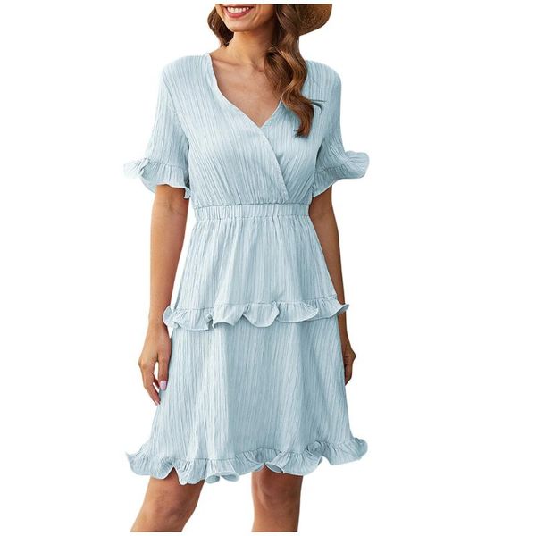 

jaycosin spring summer women long dress casal loose v-neck solid color cake short sleeve sundress dress female ruffled 312, Black;gray