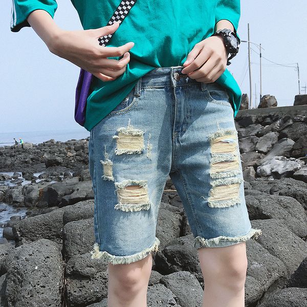 

Januarysnow Summer Hong Kong Style Ins Shorts Men's Fashion Hole Korean Casual Jeans Loose Large Straight Five Point Pants