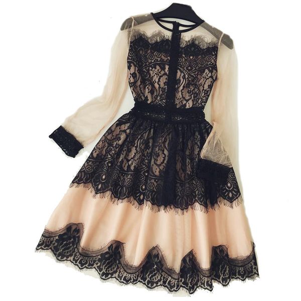 

spring women ball gown vintage dress summer voile lace women dresses long sleeve perspective mesh patchwork party dress