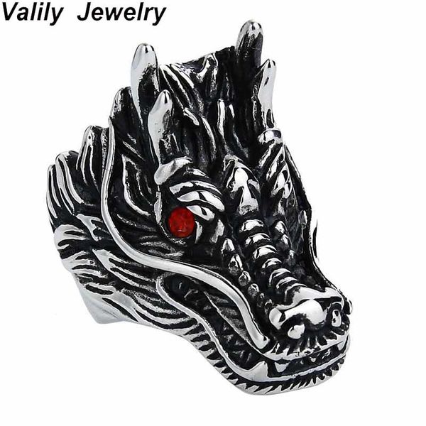 

valily fashion dragon head rings for men punk rock style party men red stone eye rings men stage stainless steel rings jewelry