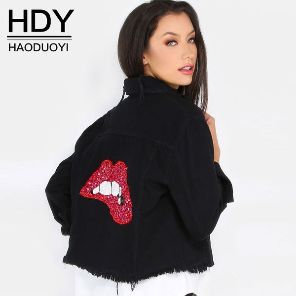 

hdy women coats autumn black turn down collar red lips sequined denim jackets 2019 new casual slim short basic jackets coat, Black;brown