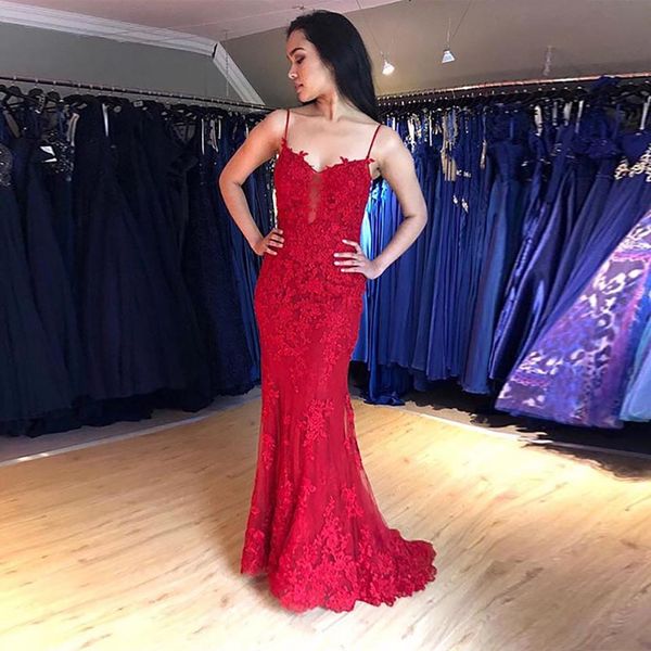 

mermaid burgundy lace evening dresses long spaghetti straps appliques party dress robe de soiree backless formal gowns, Black;red