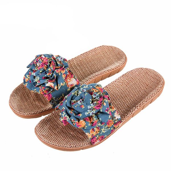 

Hot Marketing Summer Bathroom Slipper Indoor Home Women Shoes Hemp Sandals Flower decoration shoe girl, Blue