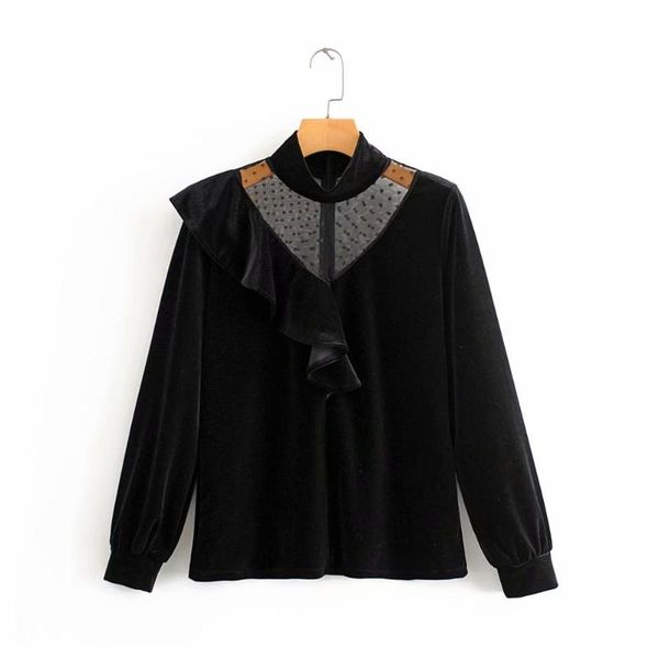 

2020 women elegant dots mesh spliced velvet blouse office lady long sleeve ruffles shirt retro chic femininas blusas ls6215, White