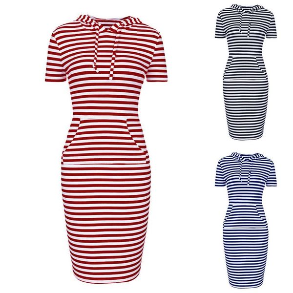 

womens stripe patchwork dresses casual short sleeve o neck long hooded sweatershirt dress summer bodycon mini dresses femme robe, Black;gray