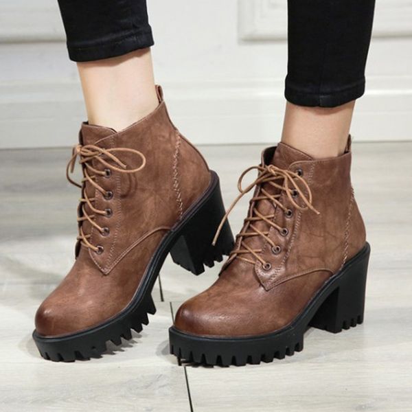 

lace-up ankle boots for women autumn casual leather flat platform round toe ladies shoes european style short boots botas mujer, Black