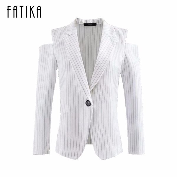 

fatika 2017 women vertical striped blazer office lady off shoulder suit blazer single button blazers and jackets for female, White;black