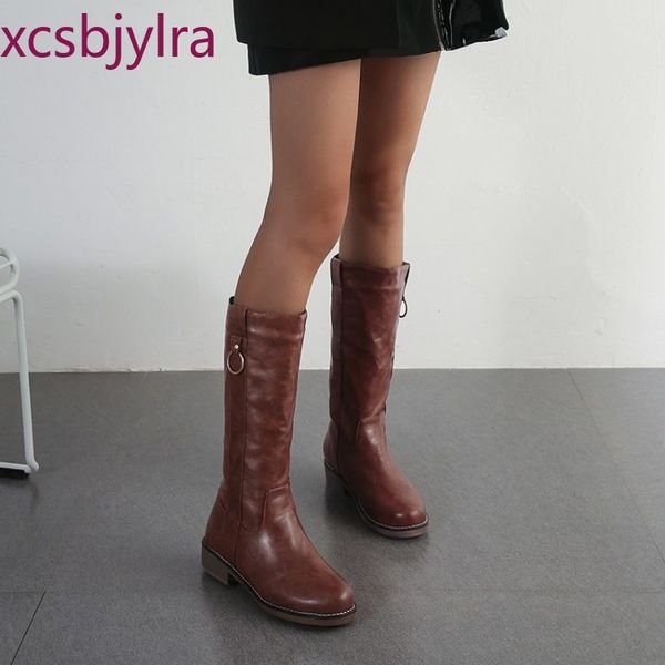 

women's boots autumn winter fashion round head metal decoration thick heel low-heeled high tube women's shoes size 34-43, Black