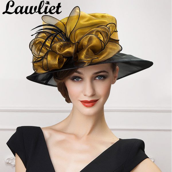 Lawliet Lüks Kadın Fascinators Organze Yay Güneş Şapkaları Altın Gri Geniş Brim Lady Kentucky Derby Yarış Düğün Şapka Gelin Annemin Şapka D19011103