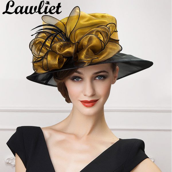 Lawliet donne di lusso Fascinators Organza Bow Cappelli da sole Oro Grigio Tesa larga Lady Kentucky Derby Race Cappelli da sposa Sposa Cappello da mamma D19011103