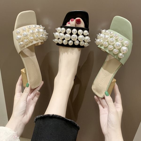 

pearl slippers women summer shoes pu leather open toe high heel slippers fashion block heel shoes women flip flops 2020, Black