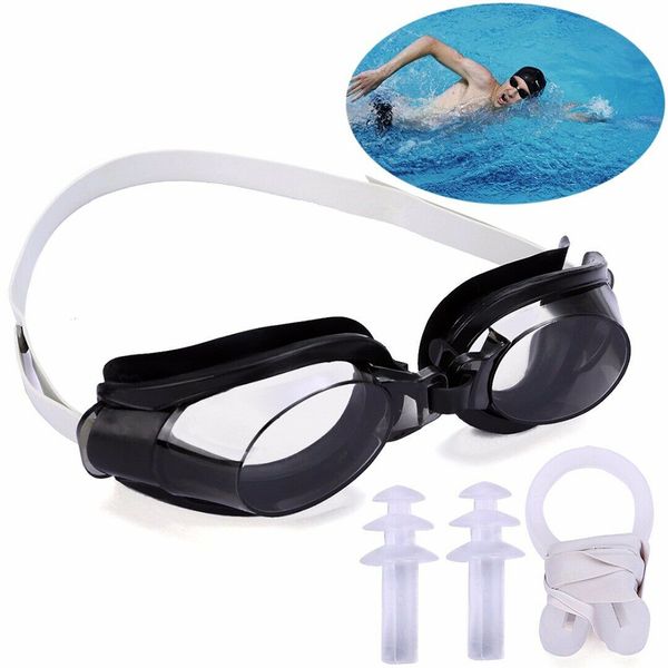 

3 in 1 waterproof glasses solid protective ear plug nose clip adjustable swim goggle women men clear swimming supply set