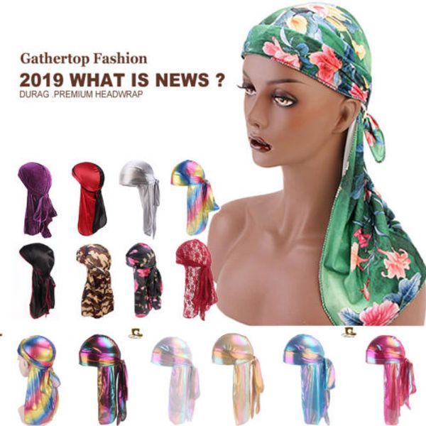 

men women silk laser polyester bandana hat durag rag tail headwrap headwear gift color long-tail polyster headcloth