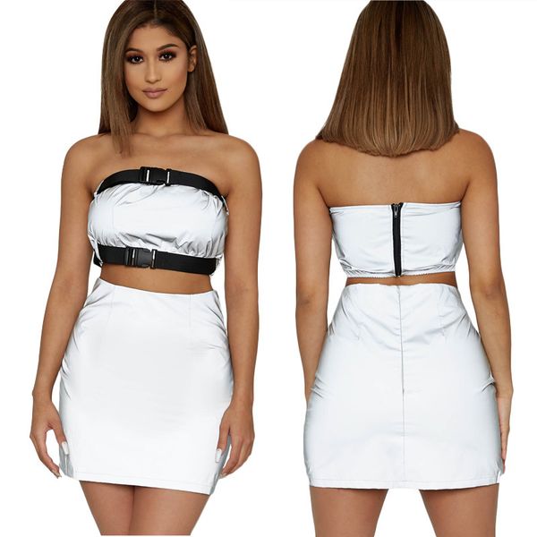 

womens designer two piece dress luxury solid color reflective material tube skirts fashion party wear 2019 summer new size s-2xl, White