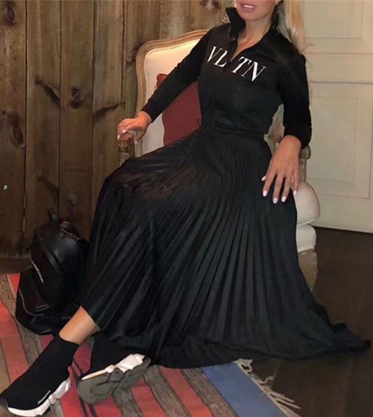 

De igner women dre black tand collar long leeve pleat long womne dre letter print zipper celebrity tyle dre