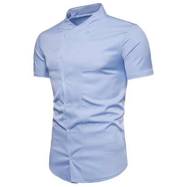 

men shirt summer short sleeve cotton shirt comfort stand collar double breasted solid color fashion men, White;black