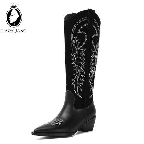 

lady jane new spring winter thick heels ladies mid calf boots pointed toe embroider western boots black thigh high 2019