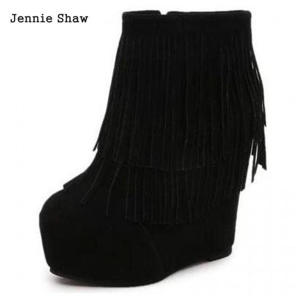 

autumn new women's wedges fringed high-heeled ankle boots platform increased shoes sys-1591, Black
