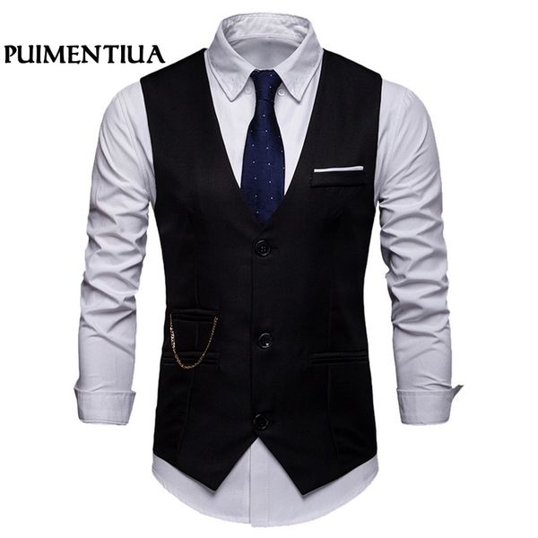 

puimentiua 2019 men casual solid slim fit suit vest single-breasted sleeveless business male formal v-neck retro vintage vest, Black;white