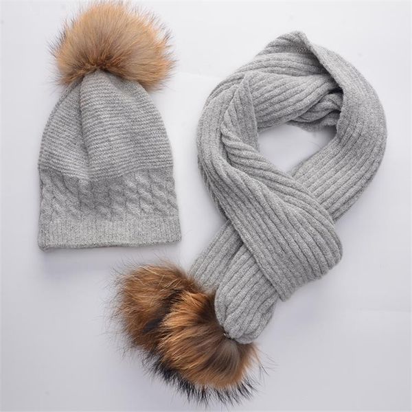 

winter new baby hat scarf two sets knitting wool cap raccoon really hair ball kids beanies long scarf suits boys girls hats nice, Blue;gray