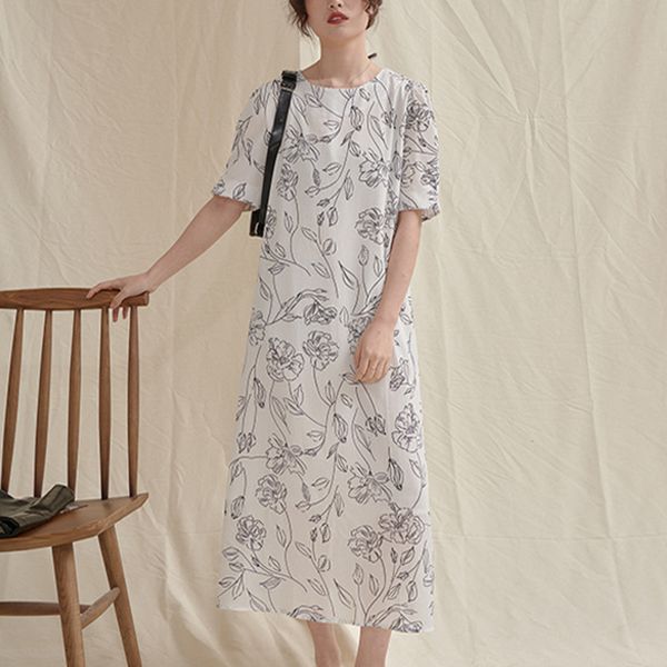 

ewq] 2020 spring summer new arrivals o-neck short sleeve print pattern women loose casual vintage a-line dress ay30200, Black;gray