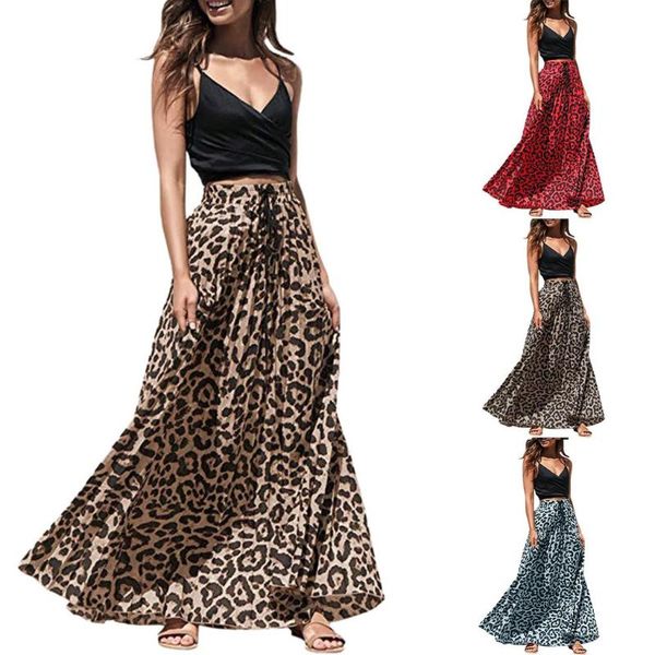 

skirts womens leopard print long skirt casual beach style drawstring pleated high waisted bohemian maxi skirt 2020 new, Black