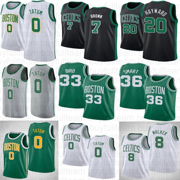 

jayson 0 tatum ncaa larry 33 bird jaylen 7 brown kemba 8 walker gordon 20 hayward college marcus 36 smart basketball green white jerseys, Black;red