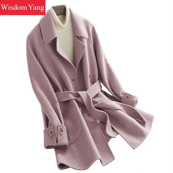 

winter warm coat pink sheep wool coats womens 2018 double breasted bodycon windbreaker casual woolen ladies overcoat outerwear, Black
