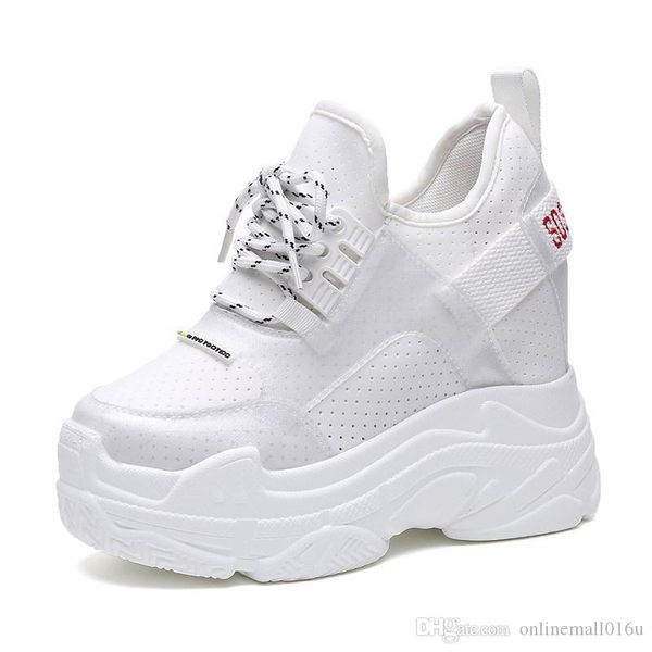 

2018 summer women sneakers mesh casual platform trainers white shoes 12cm heels wedges breathable woman height increasing shoes, Black;white