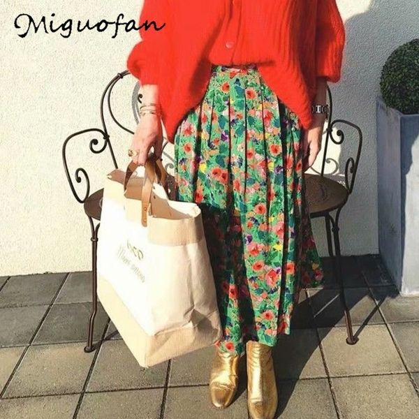 

miguofan pleated skirts women plus size green flower print elegant skirts high waist long skirt 2020 vestidos spring jupe femme, Black