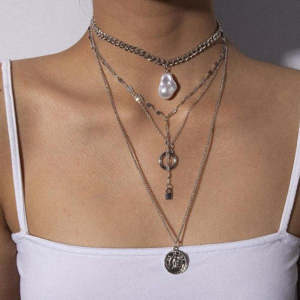 

zg multilayer lover lock pendant necklace gothic baroque pearl carved coin angel jewelry, Silver
